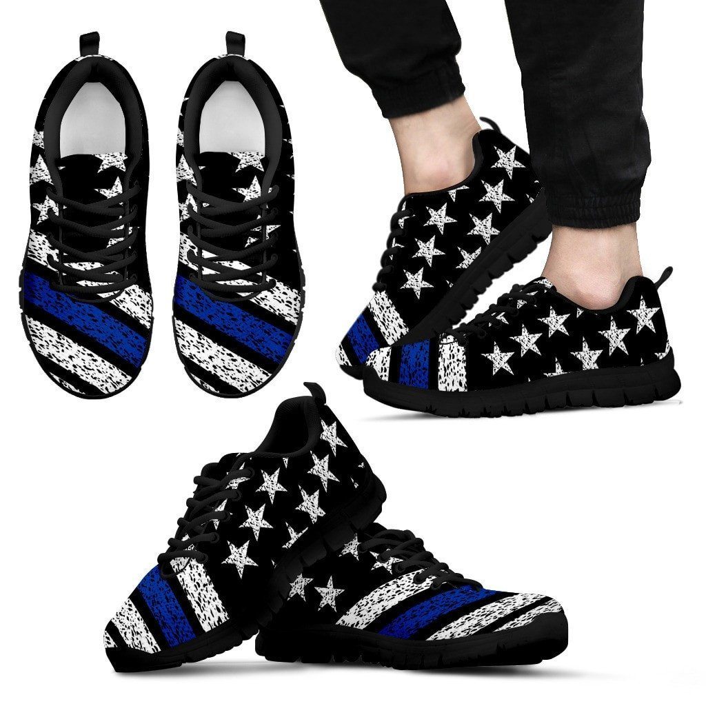 Thin Blue Line American Flag Sneakers Custom Shoes Morale Patch® Armory Men's Sneakers - Black - Men's Thin Blue Line Sneakers - Black Soles US5 (EU38) 