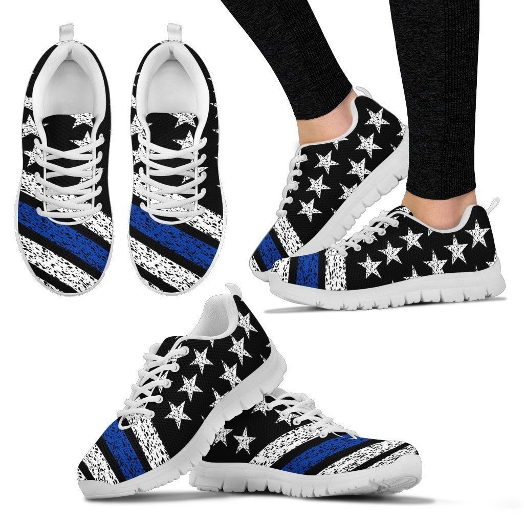 Thin Blue Line American Flag Sneakers Custom Shoes Morale Patch® Armory Women's Sneakers - White - Women's Thin Blue Line Sneakers - White Soles US5 (EU35) 