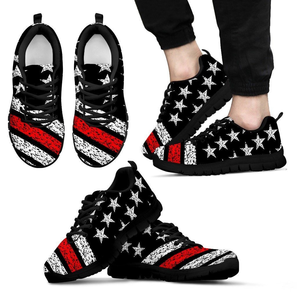 Thin Red Line American Flag Sneakers Custom Shoes Morale Patch® Armory Men's Sneakers - Black - Men's Thin Red Line Sneakers - Black Soles US5 (EU38) 