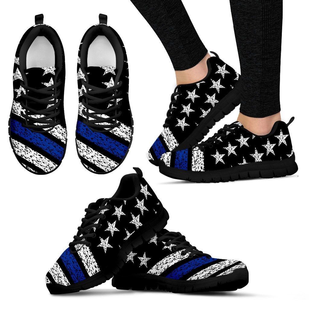 Thin Blue Line American Flag Sneakers Custom Shoes Morale Patch® Armory Women's Sneakers - Black - Women's Thin Blue Line Sneakers - Black Soles US5 (EU35) 