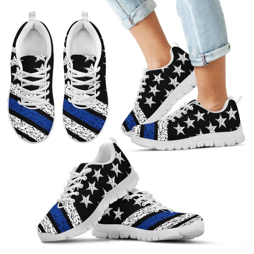 Thin Blue Line American Flag Sneakers Custom Shoes Morale Patch® Armory Kid's Sneakers - White - Kid's Thin Blue Line Sneakers - White Soles 11 CHILD (EU28) 