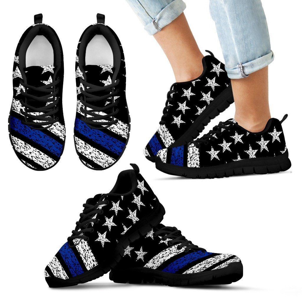Thin Blue Line American Flag Sneakers Custom Shoes Morale Patch® Armory Kid's Sneakers - Black - Kid's Thin Blue Line Sneakers - Black Soles 11 CHILD (EU28) 