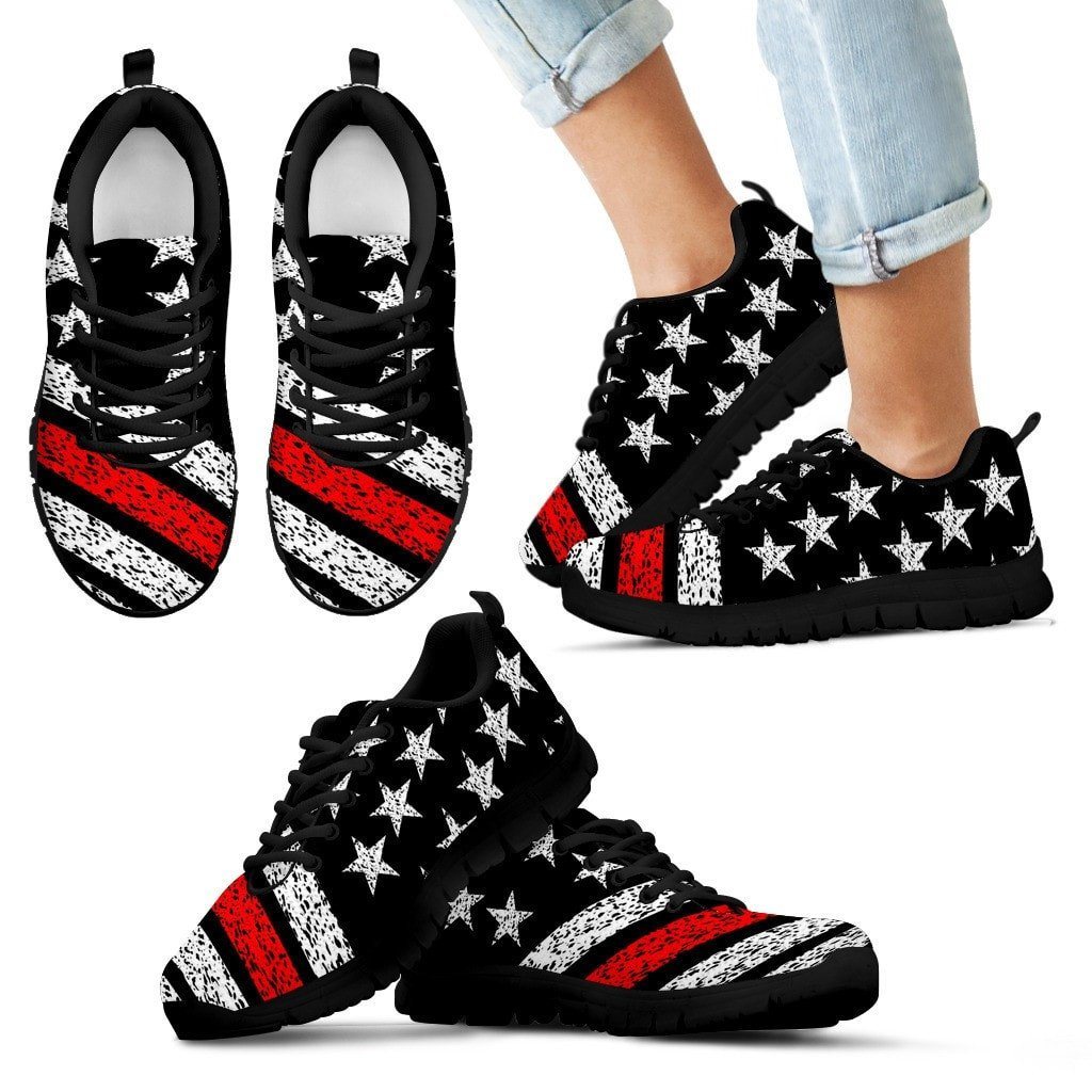 Thin Red Line American Flag Sneakers Custom Shoes Morale Patch® Armory Kid's Sneakers - Black - Kid's Thin Red Line Sneakers - Black Soles 11 CHILD (EU28) 