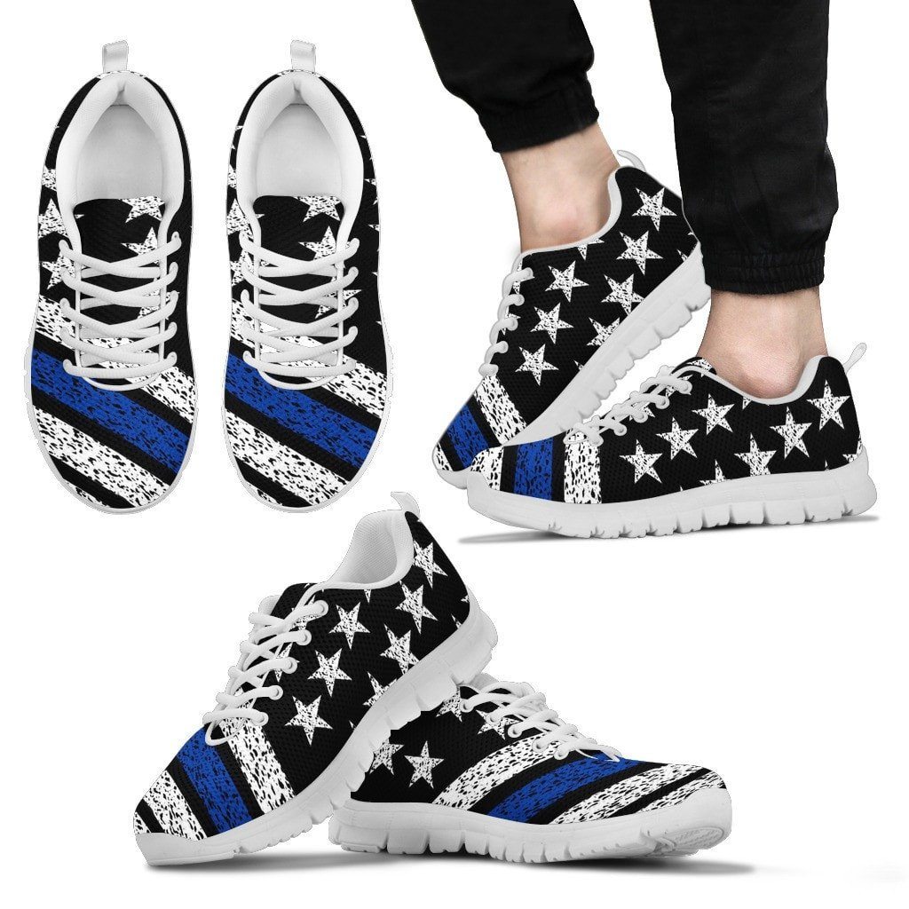 Thin Blue Line American Flag Sneakers Custom Shoes Morale Patch® Armory Men's Sneakers - White - Men's Thin Blue Line Sneakers - White Soles US5 (EU38) 
