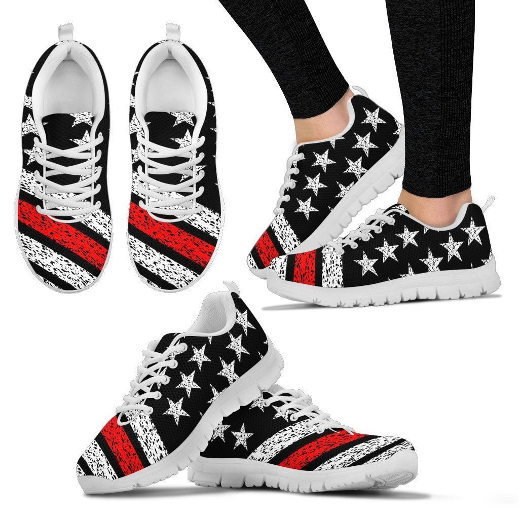 Thin Red Line American Flag Sneakers Custom Shoes Morale Patch® Armory Women's Sneakers - White - Women's Thin Red Line Sneakers - White Soles US5 (EU35) 