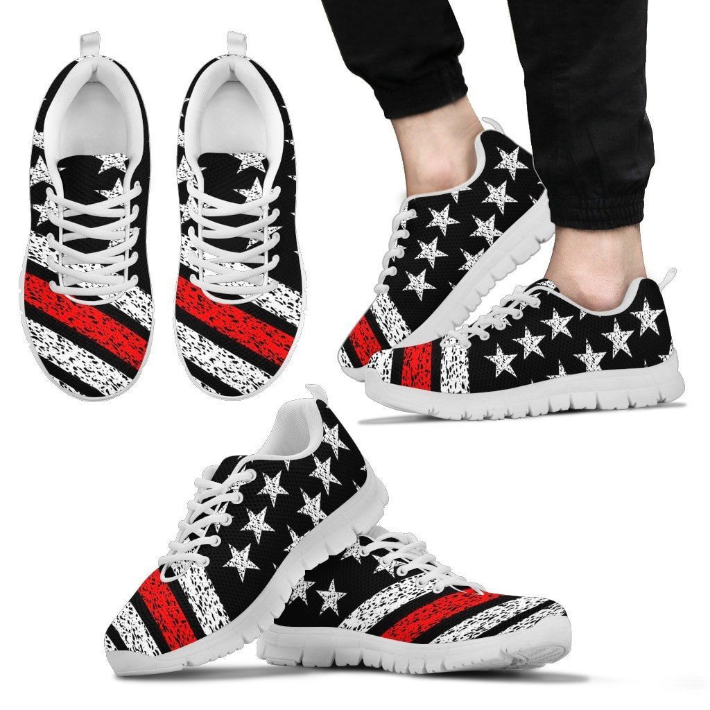 Thin Red Line American Flag Sneakers Custom Shoes Morale Patch® Armory Men's Sneakers - White - Men's Thin Red Line Sneakers - White Soles US5 (EU38) 