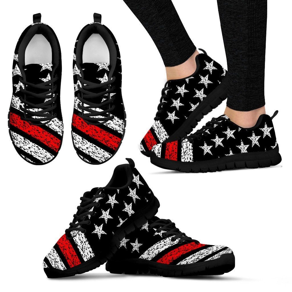 Thin Red Line American Flag Sneakers Custom Shoes Morale Patch® Armory Women's Sneakers - Black - Women's Thin Red Line Sneakers - Black Soles US5 (EU35) 